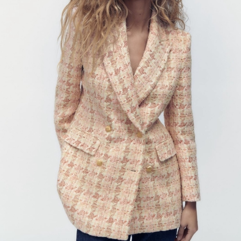 Zara Peach & Cream Tweed Double-Breasted Blazer